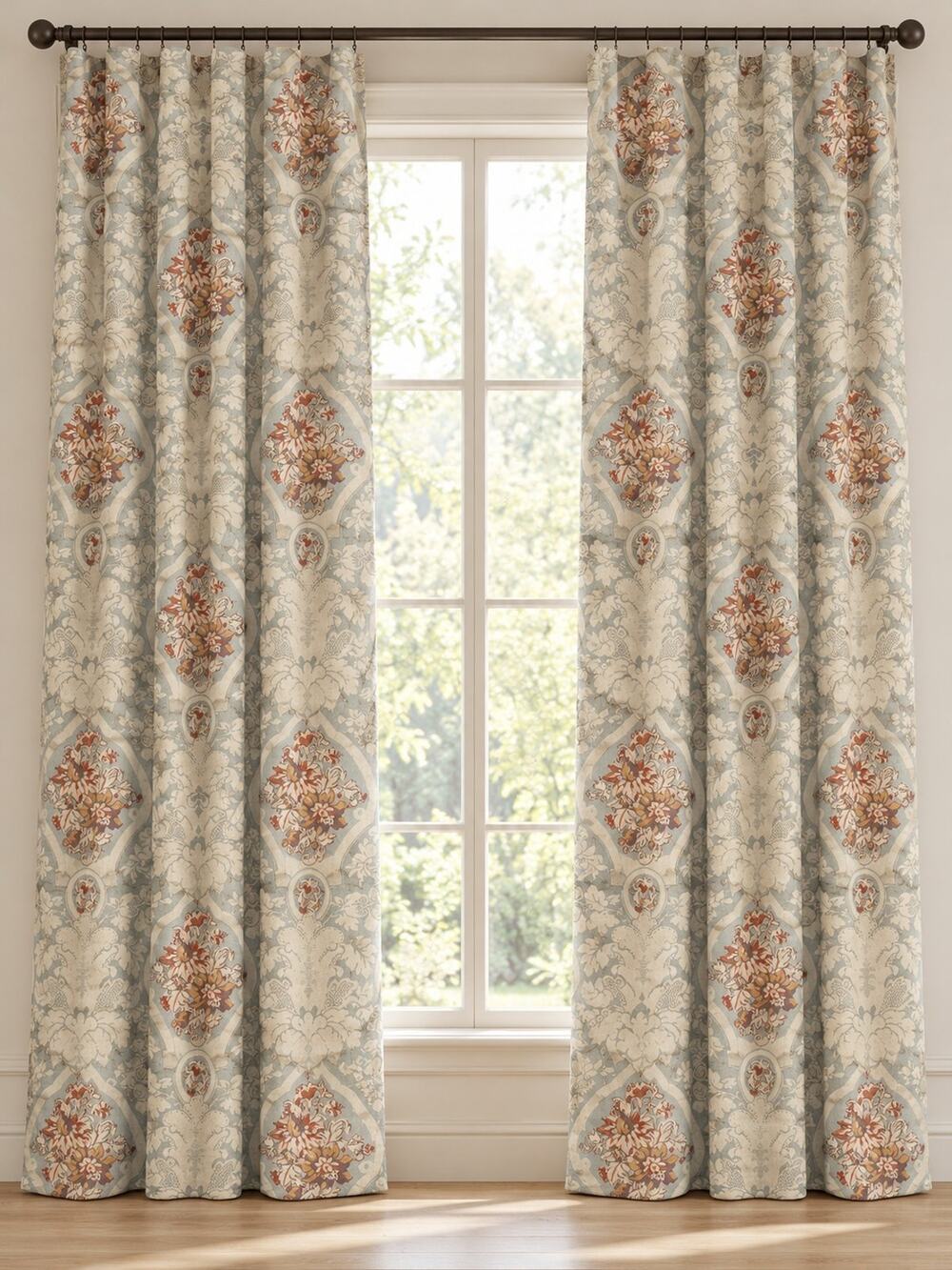 Pottery Barn Camilla Green Cream Floral Linen Blend Curtains Set 50 X 96 New